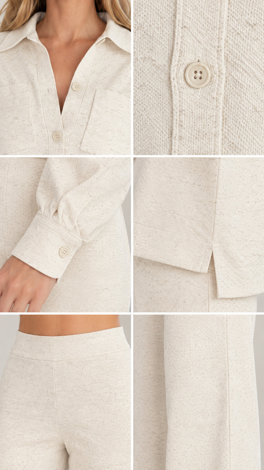 Close-up detail shots showing collar, button placket, sleeve cuff, and waistband of cream textured knit set