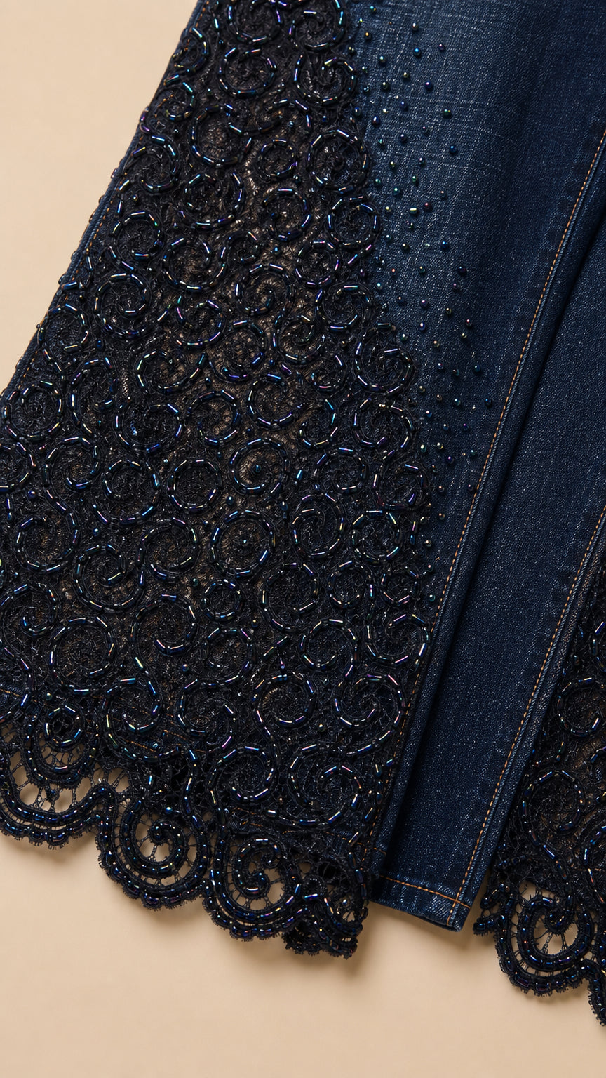 Close-up detail of dark blue denim hem showing intricate lace embroidery and tonal beading