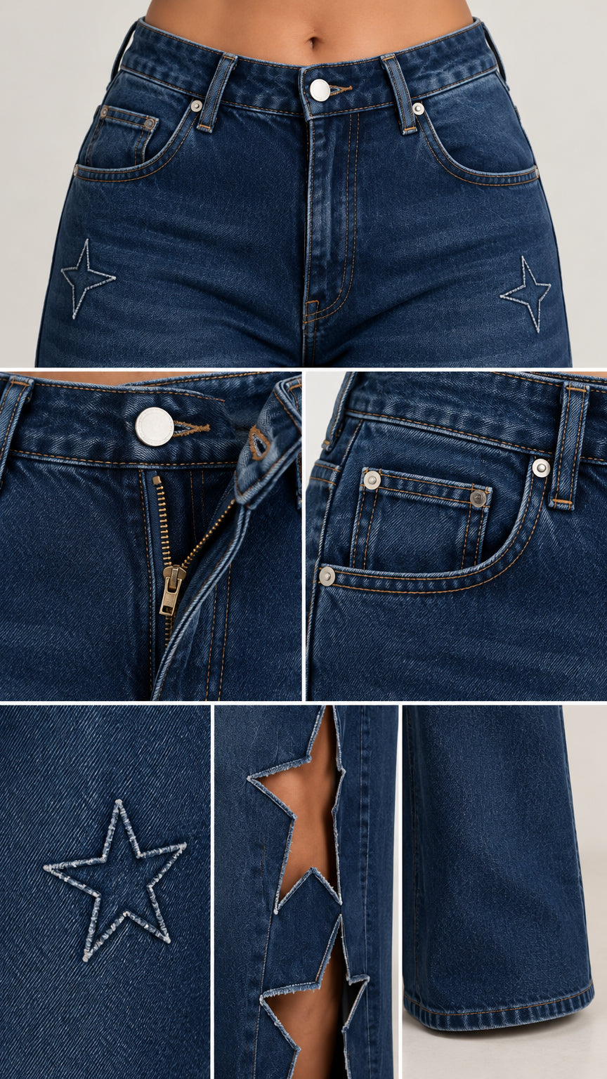 Close-up details of dark blue denim waistband, zip fly, pockets, and star cutouts
