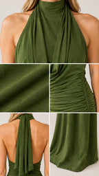 Close-up details of cowl neckline, stretch fabric texture, ruched waist, and back tie