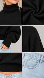 Detail grid showing turtleneck collar, knit fabric texture, ribbed cuff, and hem of black sweater