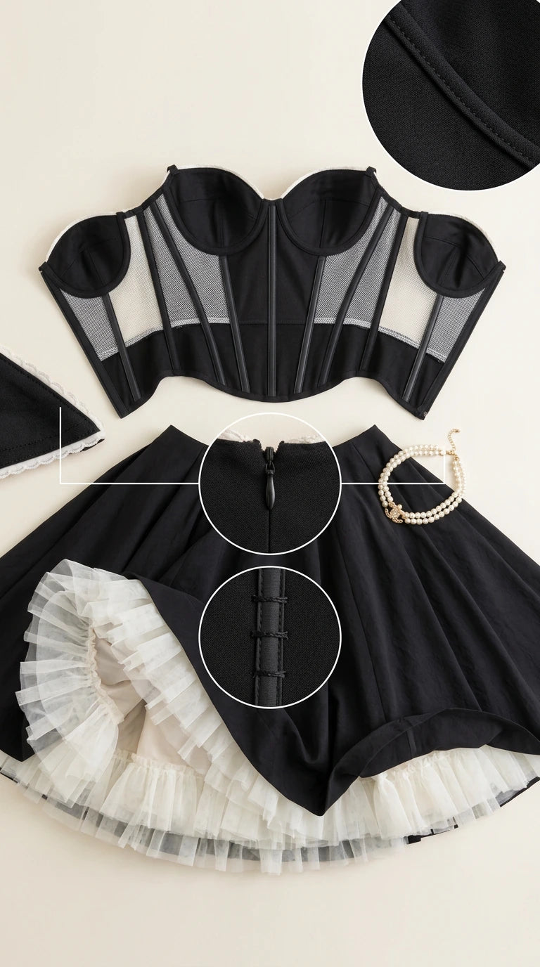 Flat lay detailing of the boned corset top and crinoline-lined skirt interior