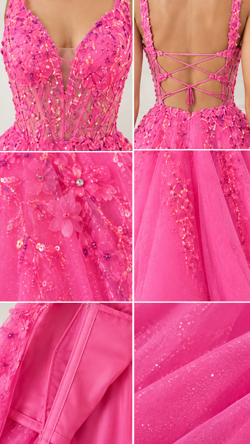 Close-up details of hot pink sequined bodice, lace-up back, and shimmer tulle