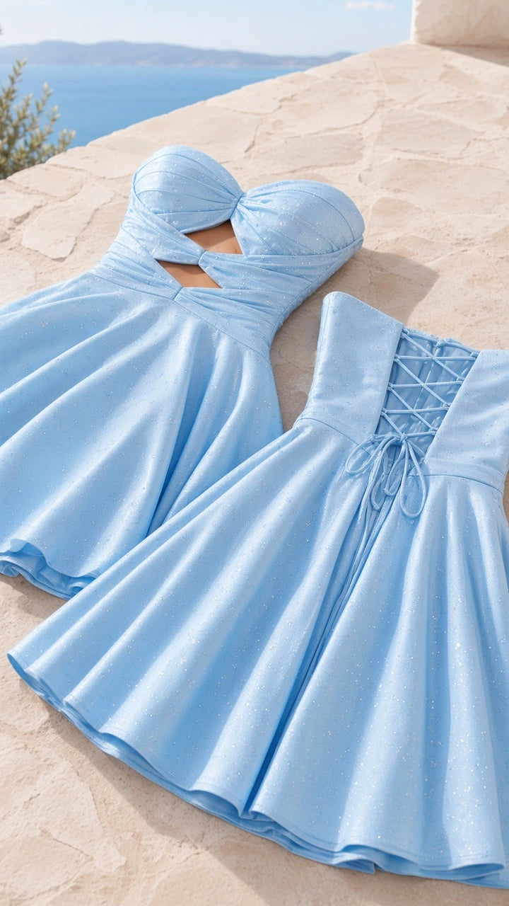 Flat lay of light blue strapless party dress showing front cutout and back lace-up details