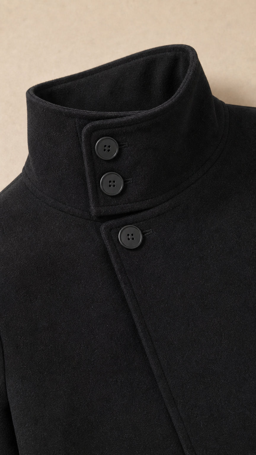 Close-up detail of black stand collar with button fastenings