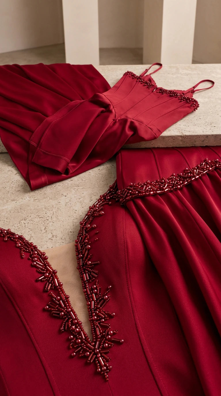 Close-up detail of bodice beading and craftsmanship on burgundy evening gown