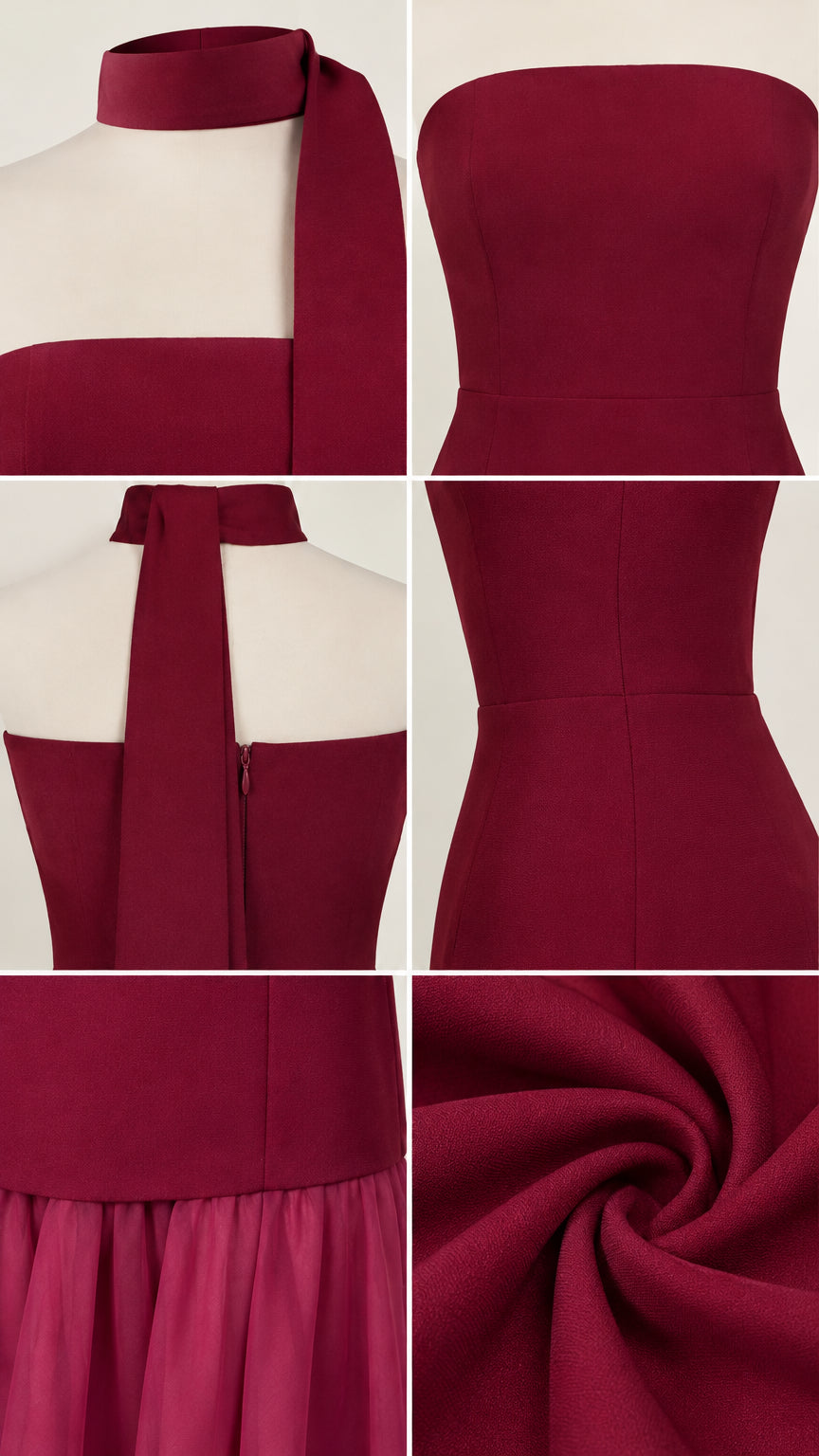 Close-up details of burgundy drop waist gown neckline scarf and zipper