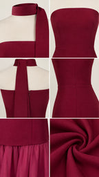 Close-up details of burgundy drop waist gown neckline scarf and zipper