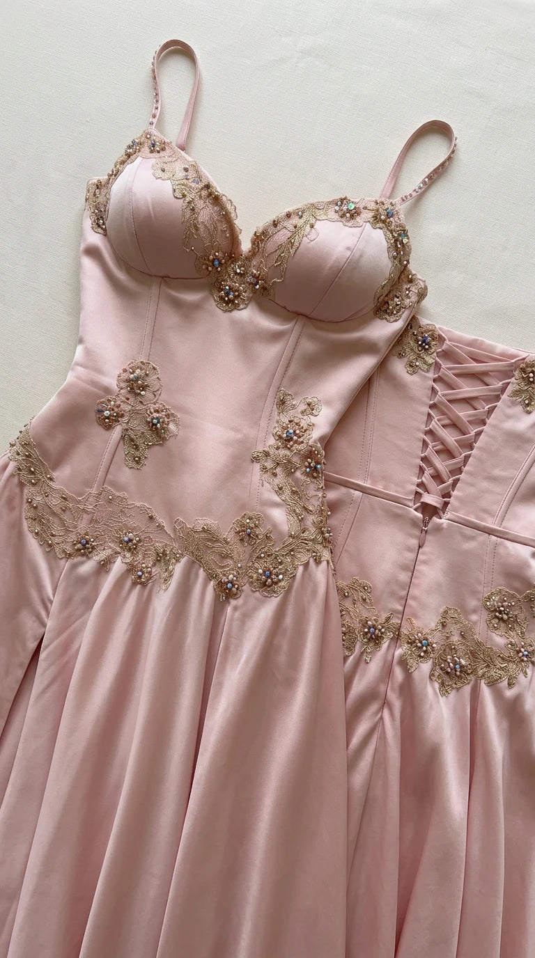 Flat-lay detail of pink satin dress showing sweetheart bodice, embroidery, and corset lacing