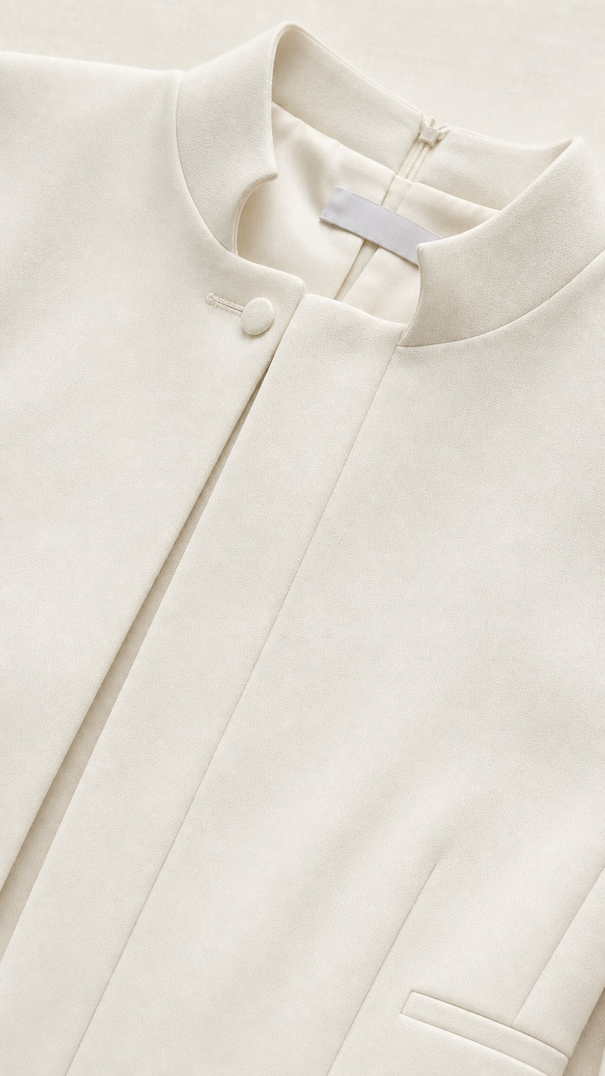 Close-up detail of stand collar and neckline on white structured romper