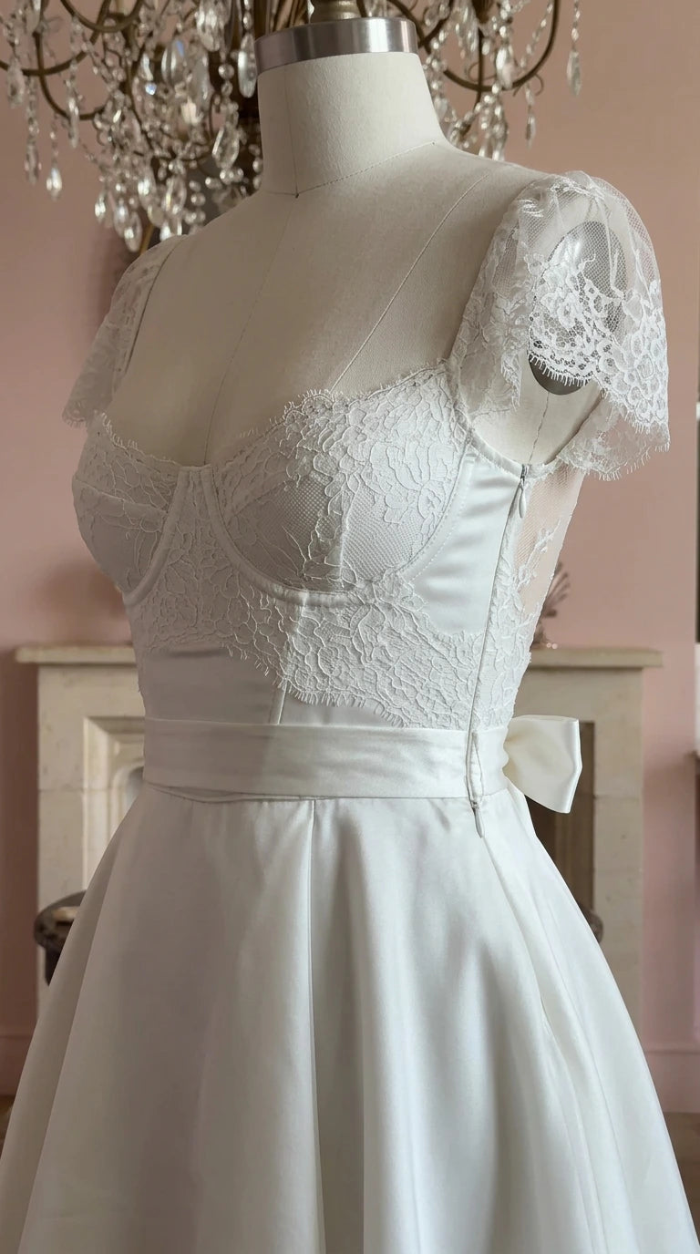 Mannequin display showing close-up details of white lace bustier bodice and satin waistband