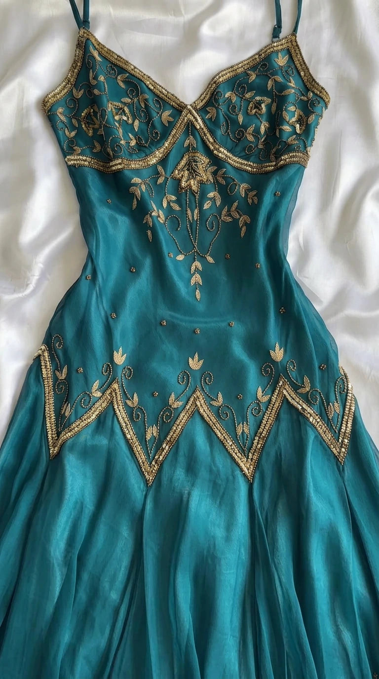 Close-up flat lay of teal evening gown showing detailed gold embroidery