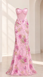 Studio view of pink strapless corset floral embellished maxi dress
