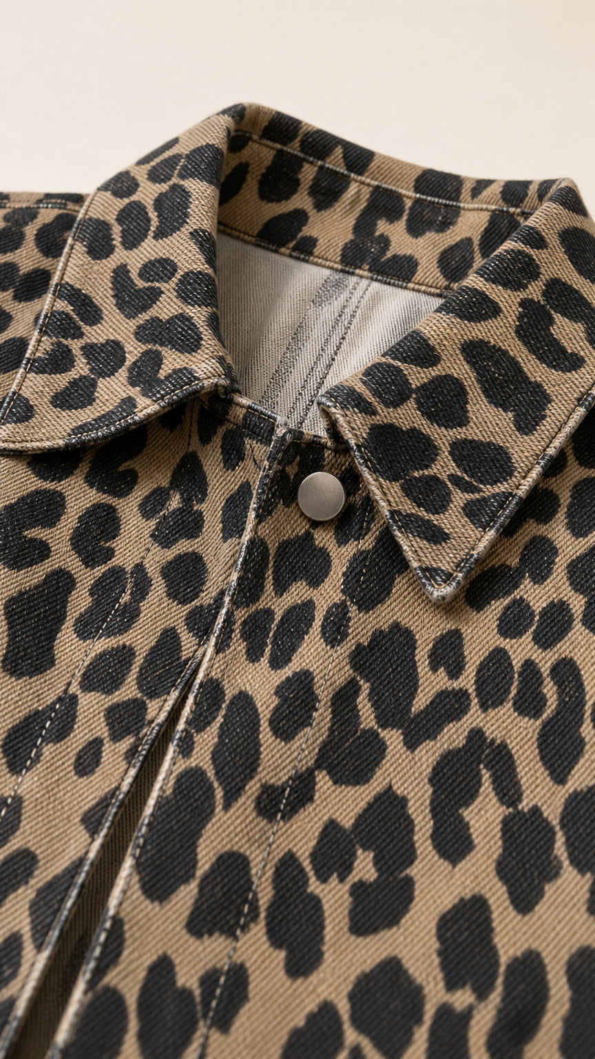 Close-up of leopard print textured woven fabric, collar, and snap zip closure