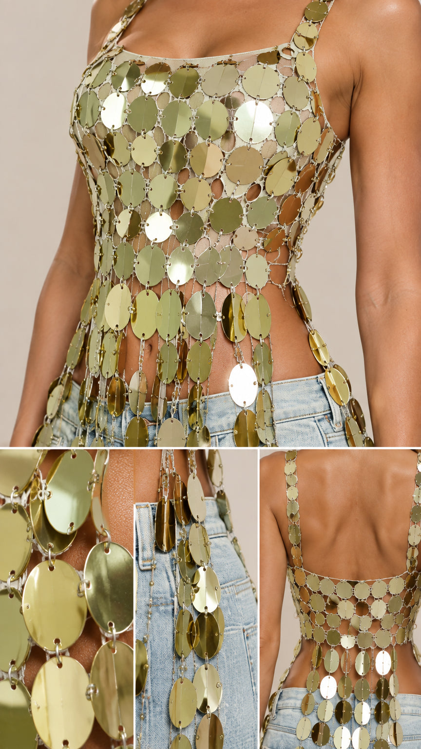 Close-up details of reflective gold disc paillettes and chain construction
