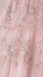 Detailed Close-Up of Blush Pink Sequin Floral Embroidery on Tulle Tiers