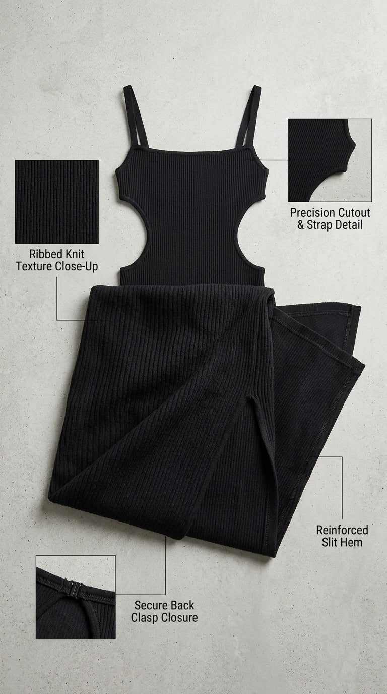 Flat lay view and close-up details of black ribbed cutout maxi dress showing fabric, clasp, and slit hem