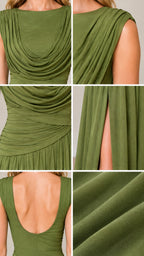 Close-up details of cowl neckline, ruched waist, side slit, and fabric texture