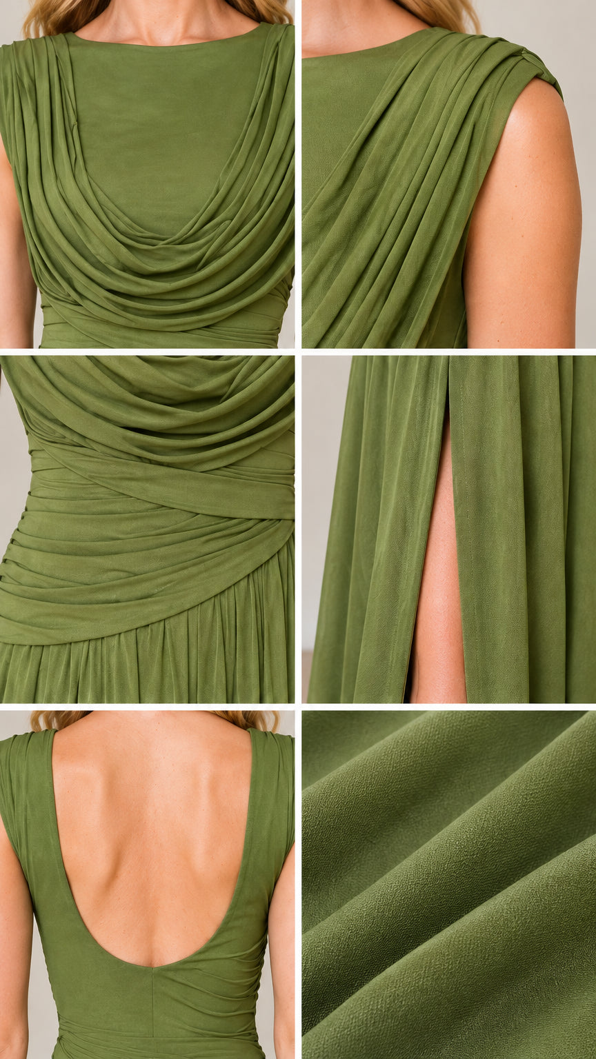 Close-up details of cowl neckline, ruched waist, side slit, and fabric texture