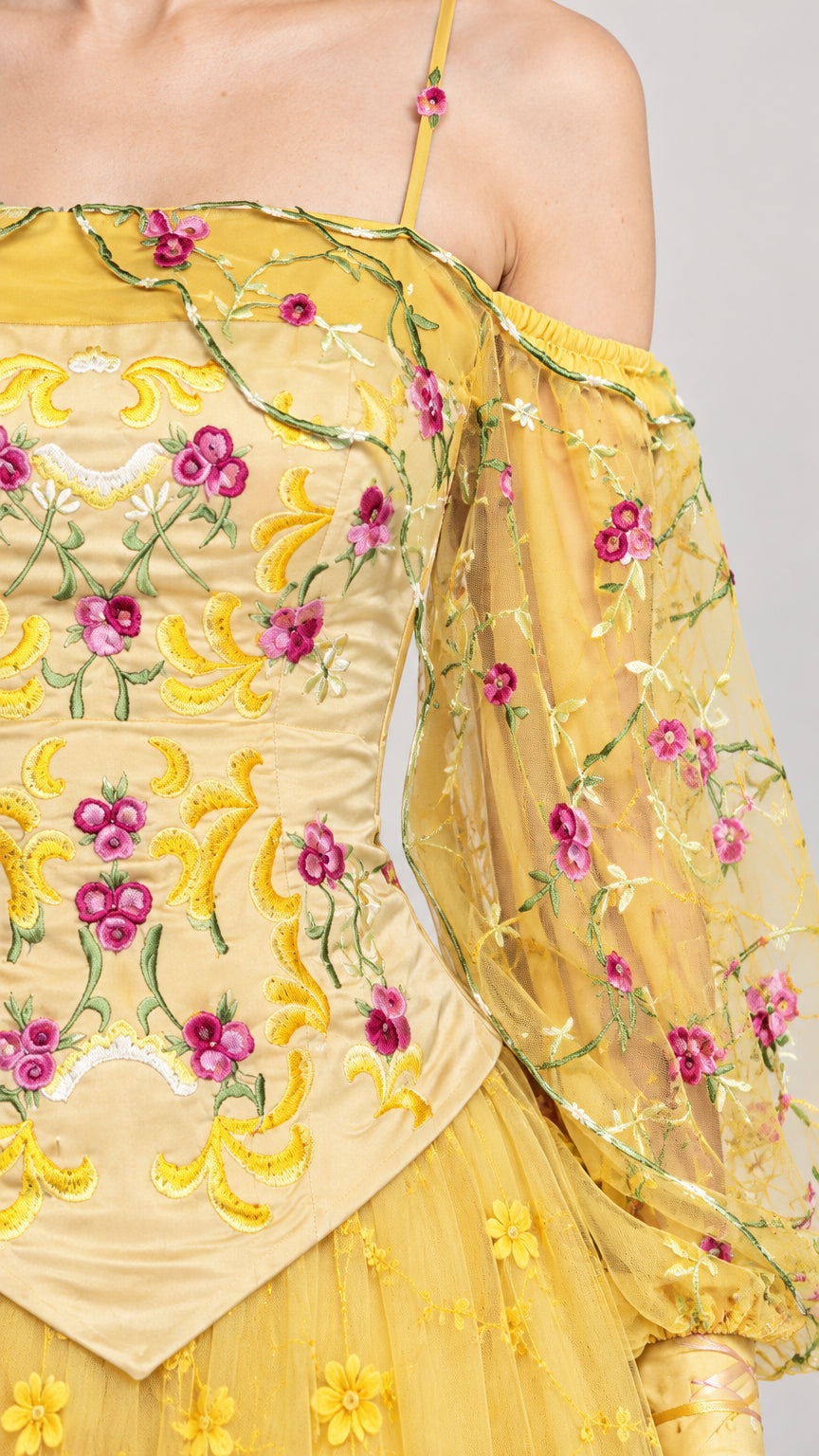 Close-up detail of ornate floral embroidery on bodice and sheer sleeves of yellow ballgown
