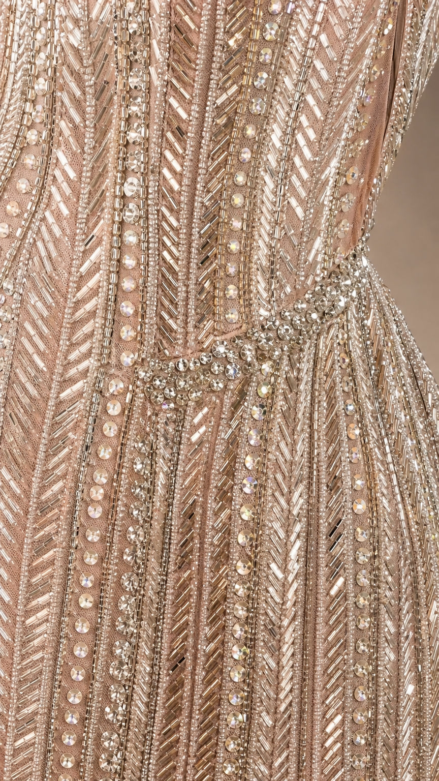 Close-up detail of intricate vertical linear beading and crystal embellishment
