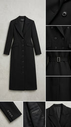 Flat lay and detail closeups of black tailored maxi coat construction