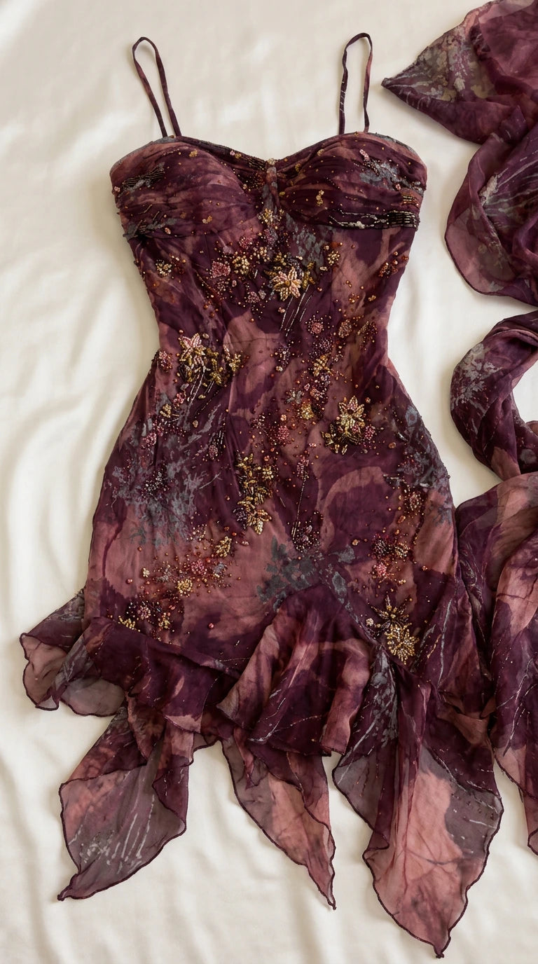 Close-up flat lay detail of burgundy embellished sweetheart bodice and asymmetric ruffled hem with wrap