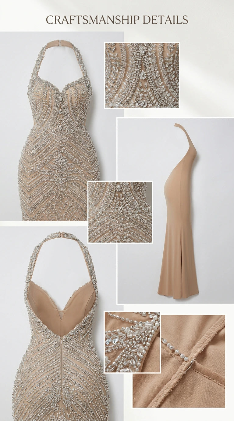 Craftsmanship details showing beadwork and lining of halter gown