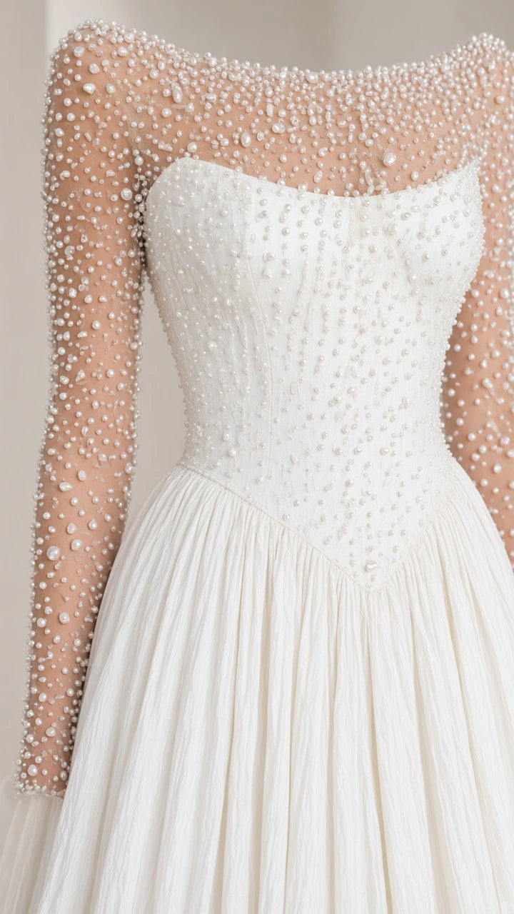 Close-up detail of pearl beading on sheer illusion bodice and sleeves of ivory gown