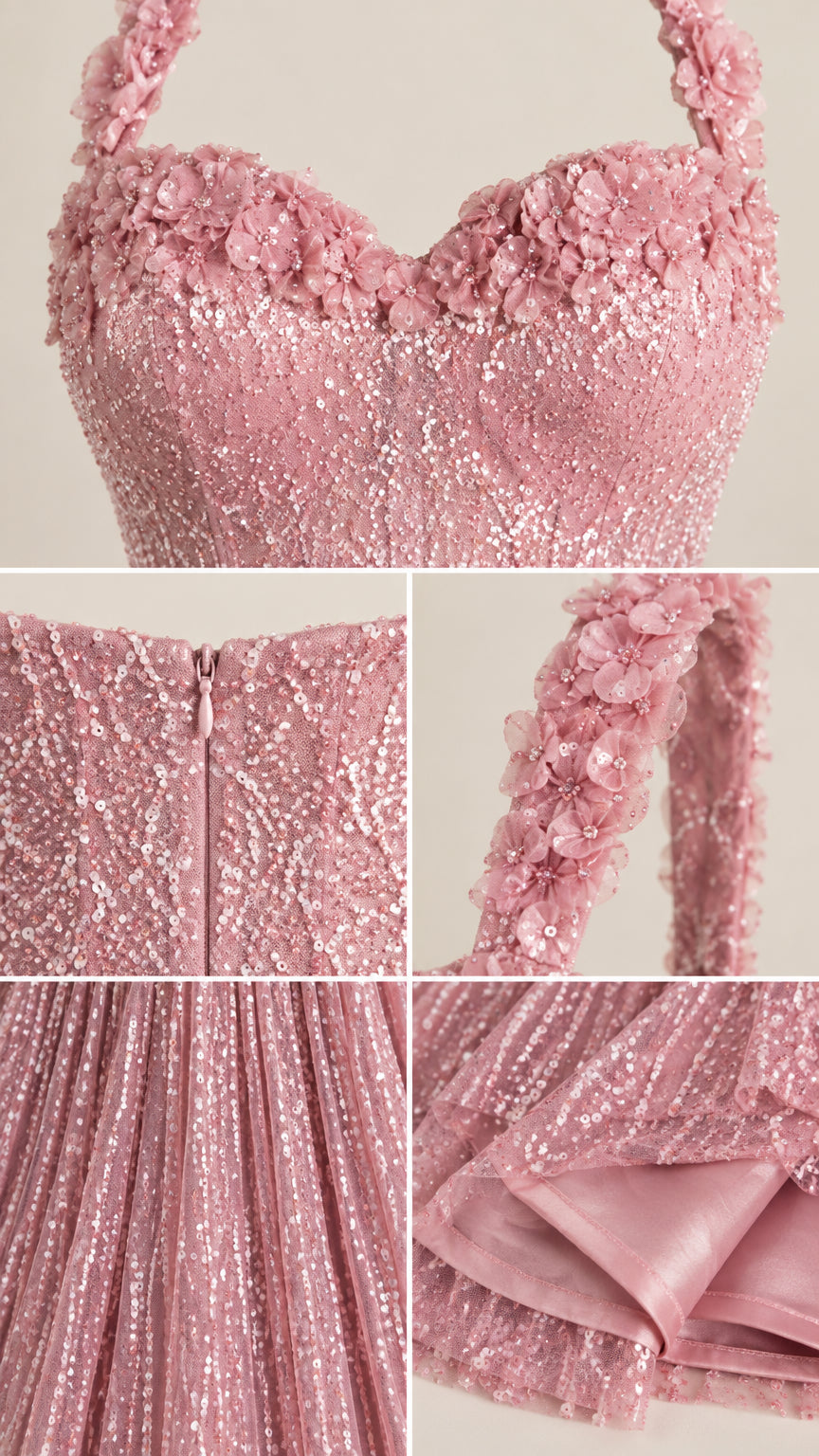 Close-up details of floral applique sweetheart neckline and sequin pleated texture