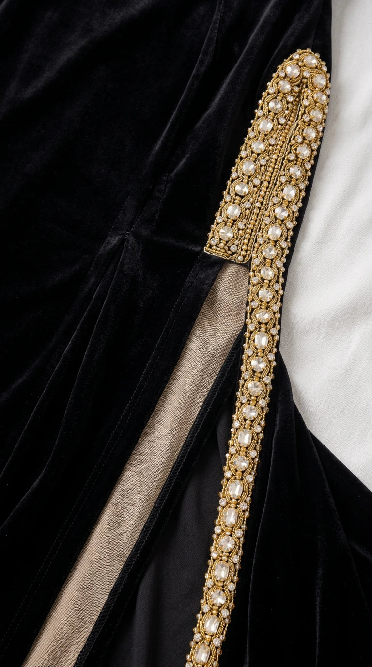 Close-up detail of ornate gold and pearl beadwork along the side slit trim