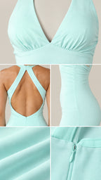 Detailed close-ups of mint dress ruched bust, open back, side waist, and zipper