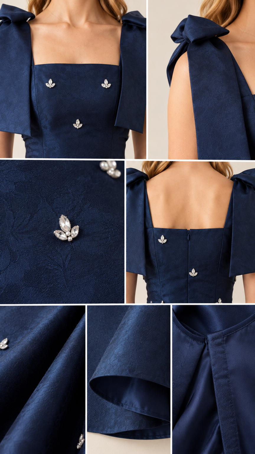 Detailed close-up collage of crystal embellishments, bow shoulder strap, fabric texture, and back zipper on navy gown