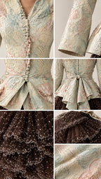Close-up details of jacquard fabric, button closure, back bow, and dotted tulle ruffles