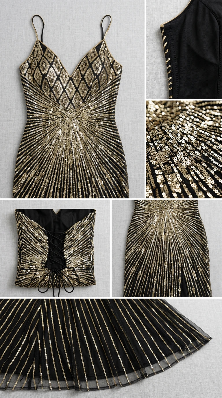 Detailed flat lay close-ups of the sequin bodice, lace-up back, and hem slit