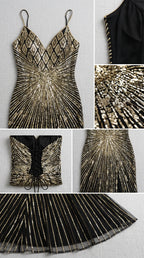 Detailed flat lay close-ups of the sequin bodice, lace-up back, and hem slit