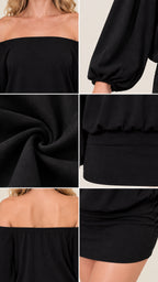 Close-up details of neckline, sleeve cuff, fabric drape, and skirt hem