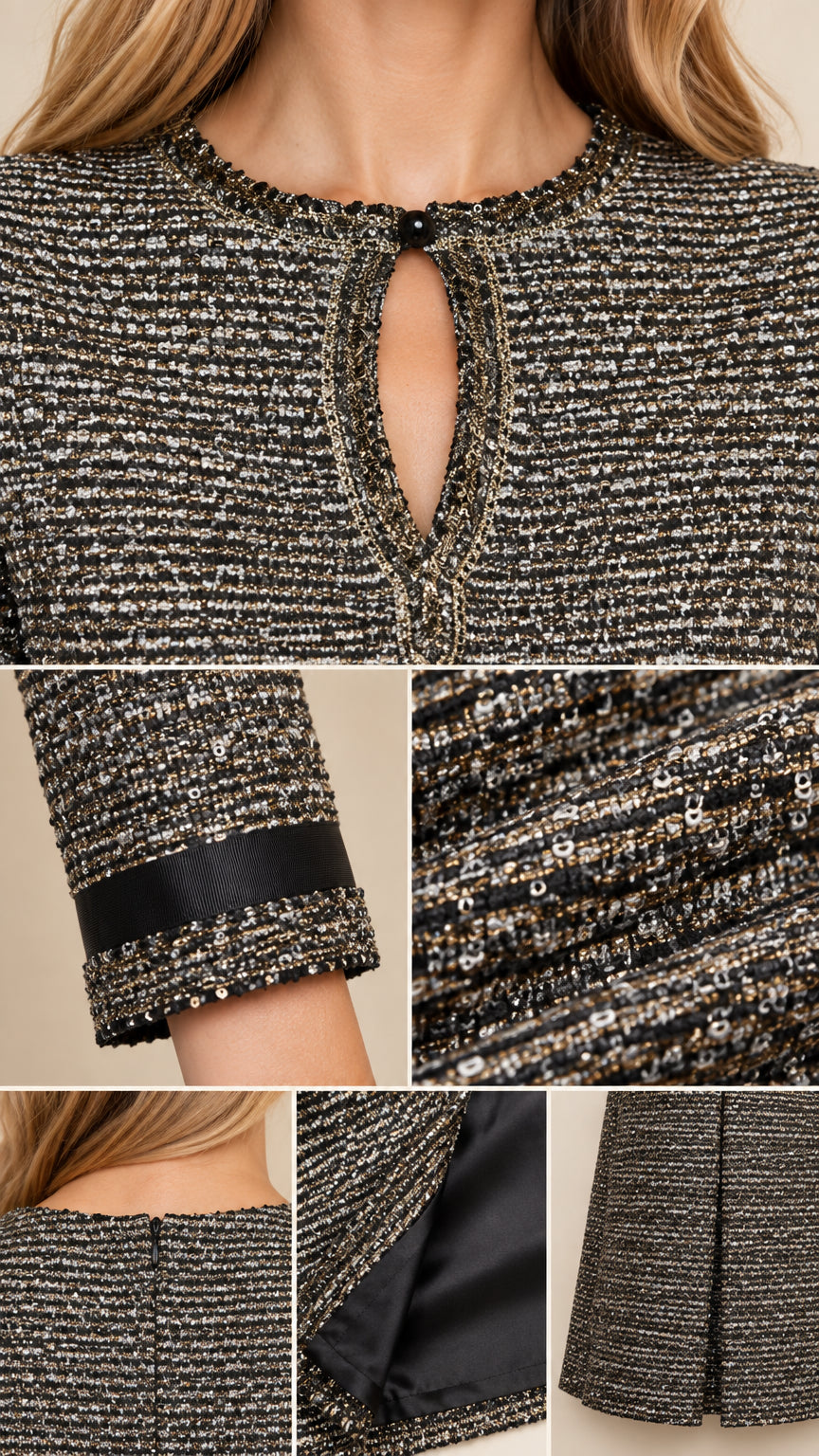 Close-up collage of tweed dress details including keyhole neckline, sequin sparkle, contrast cuff, back zipper, lining, and hem slit