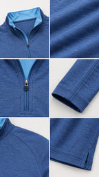 Close-up details of collar zipper, raglan shoulder seam, fabric texture, and split hem