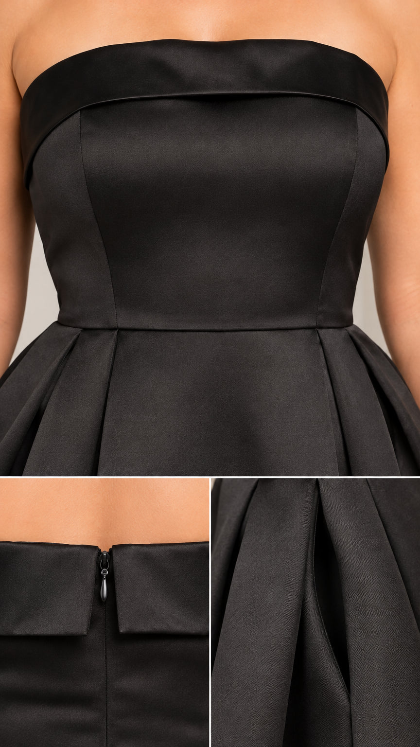 Close-up details of folded neckline, waist pleating, and back zipper on black satin dress