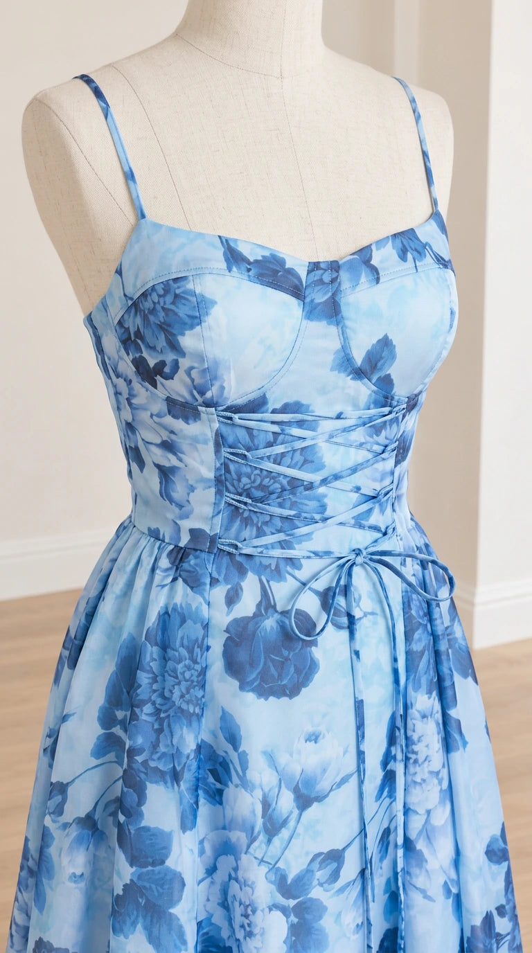 Close-up mannequin view of light blue corset bodice with lace-up waist detail