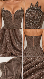 Detailed close-up collage of sequin beadwork, sweetheart plunge neckline, back zipper, and inner lining
