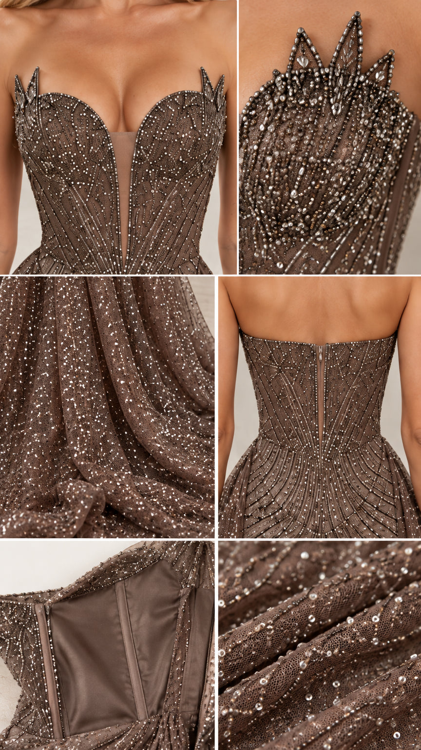 Detailed close-up collage of sequin beadwork, sweetheart plunge neckline, back zipper, and inner lining