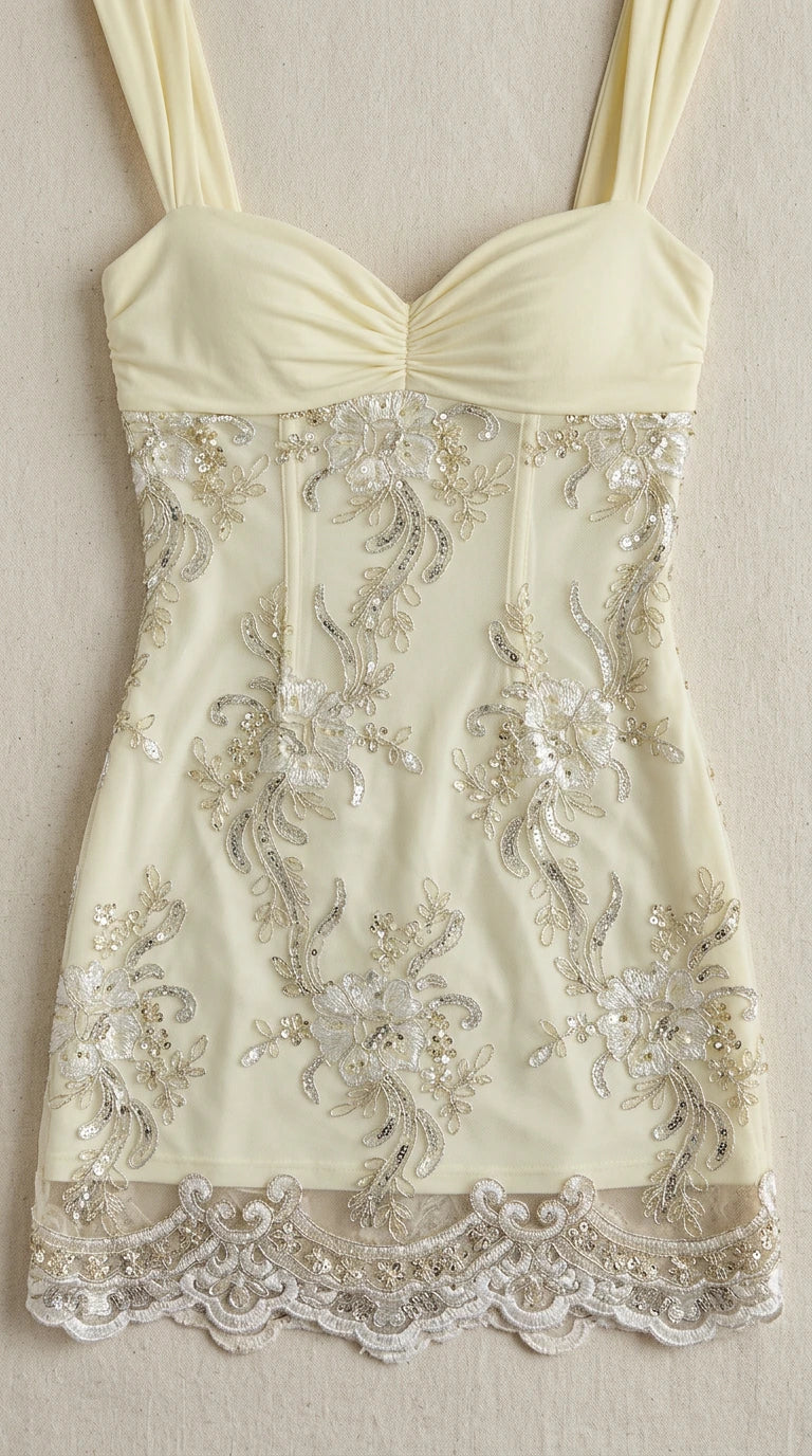 Flat lay close-up of butter yellow sequin embroidered sweetheart mini dress