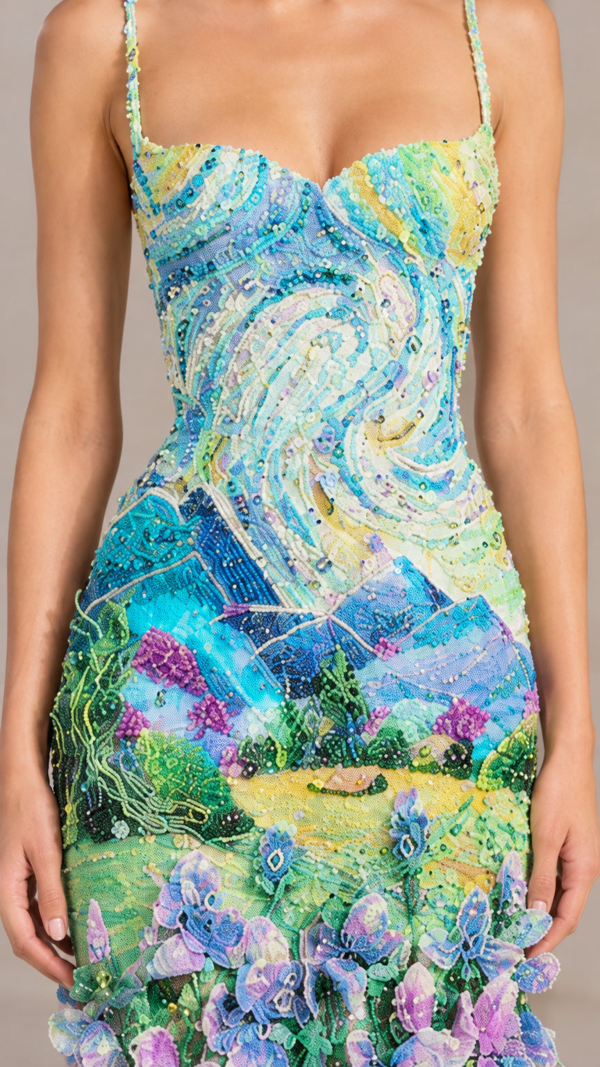 Close-up detail of bodice beading and 3D floral accents on Sky Blue gown
