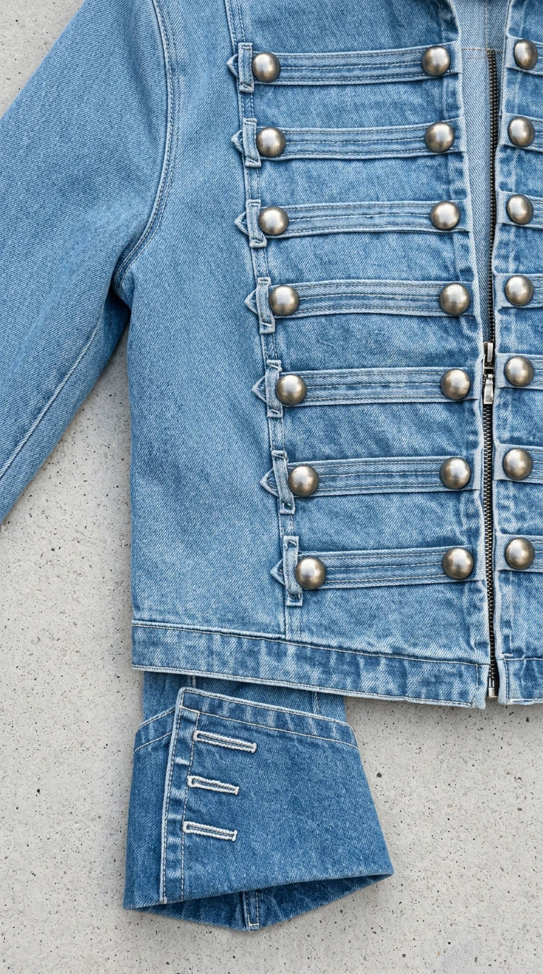 Detailed close-up of light blue denim military jacket frogging trims, dome buttons, and flared cuffs