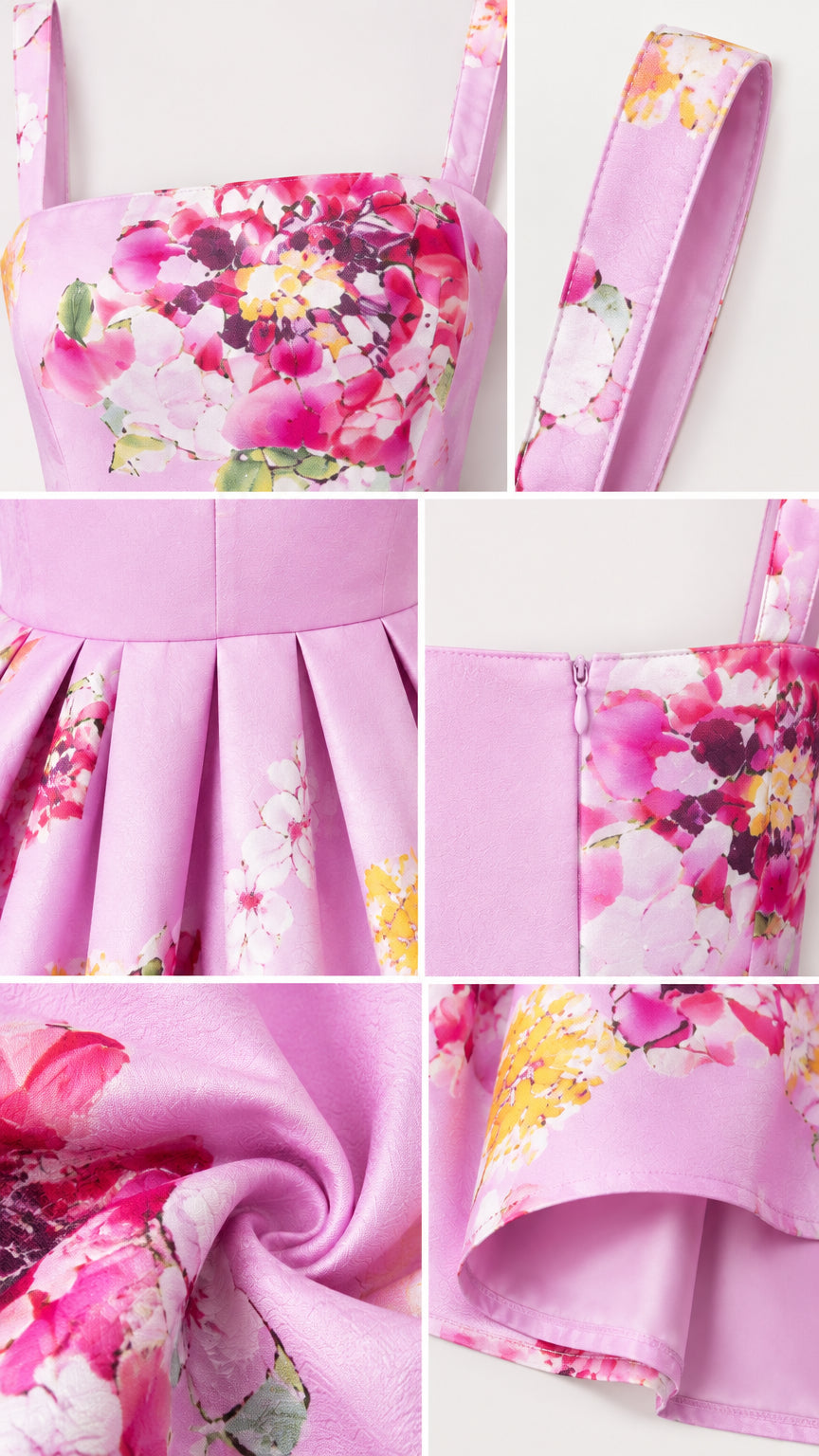 Close-up detail collage showing bodice, straps, waist pleats, and smooth fabric