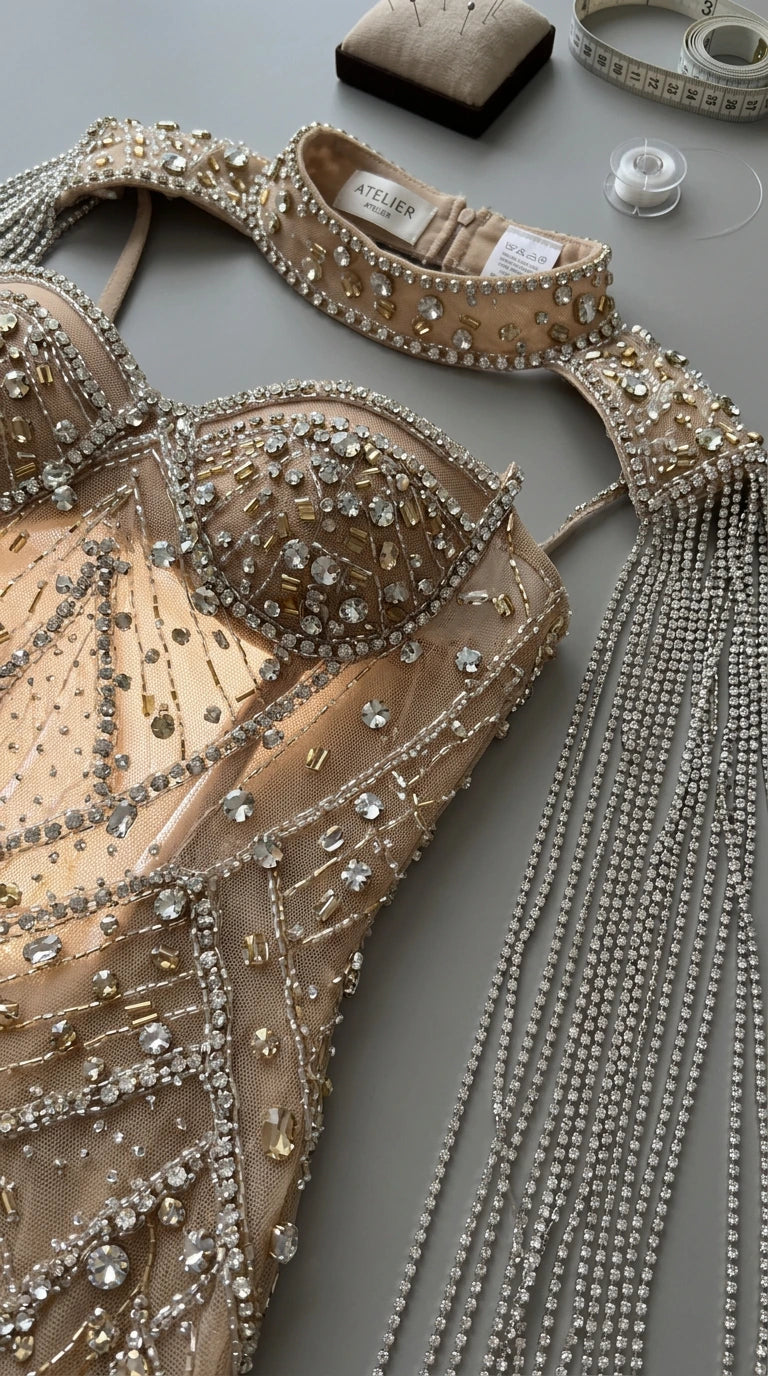 Close-up detail of structured bustier cups, rhinestone embellishments, and beaded cape collar