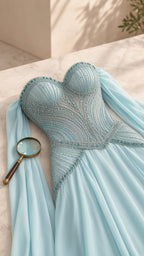Detailed close-up of intricate beadwork and corset boning on sweetheart neckline