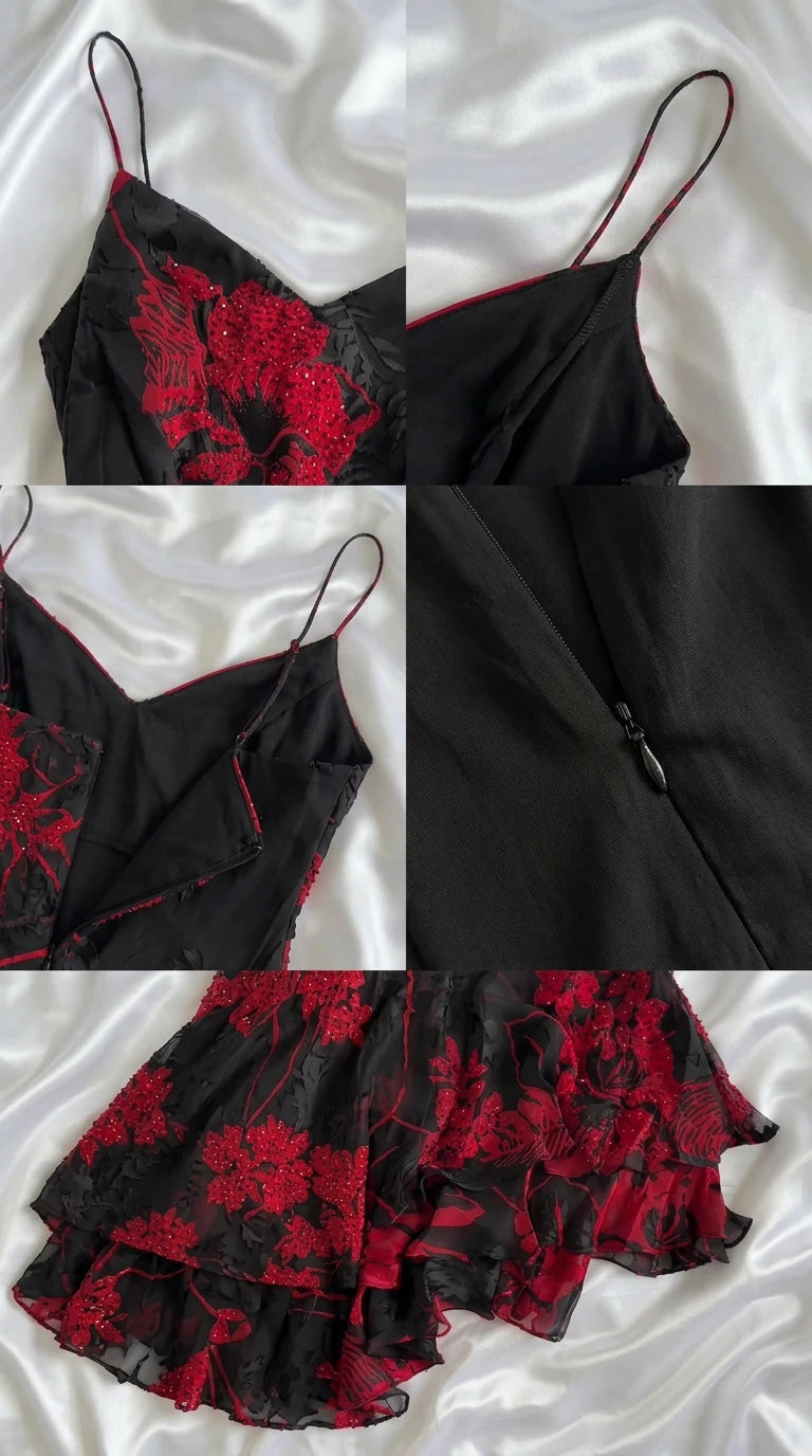 Detailed close-ups of neckline, spaghetti straps, inner lining, and side zipper